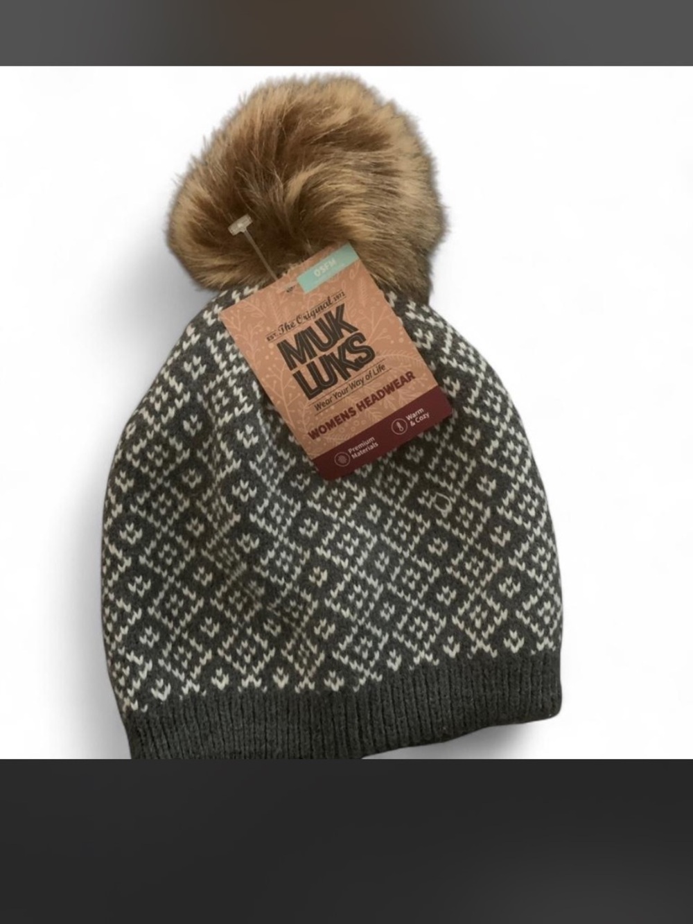 Muk Luks Gray Patterned Knit Pom Beanie